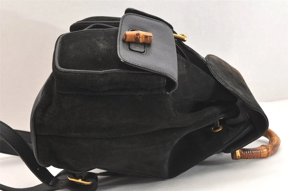 Auténtica Mochila GUCCI Bambú Vintage con Cordón Gamuza Cuero Negra 4056N Foto 4 de 4