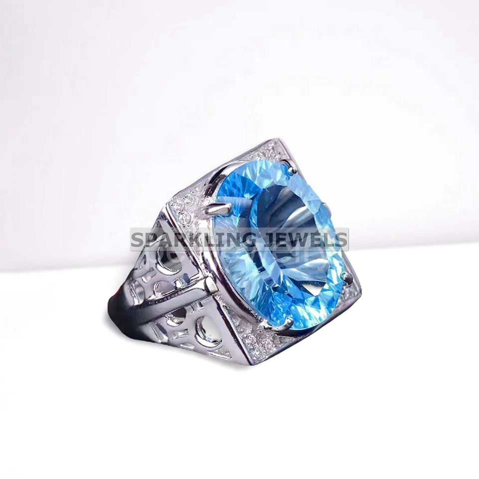 AAA+ Topacio Azul Corte Ovalado Con Anillo de Plata de Ley 925 Para Hombre #149 Foto 4 de 4