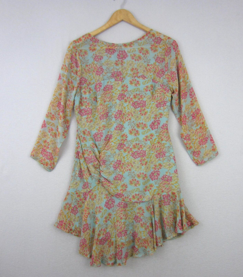 Here Comes the Sun Dress Womens 12 Blue Pink Floral 3/4 Sleeve Ruched Frill