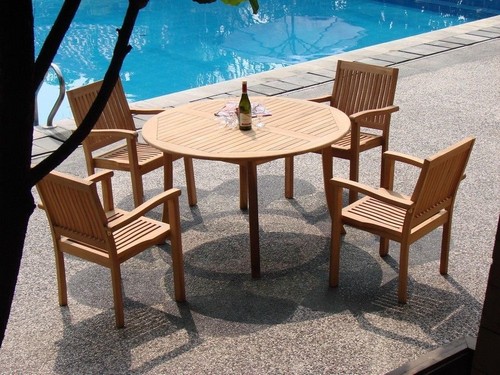 5-Piece Outdoor Teak Dining Set: 52" Round Table, 4 Stacking Arm Chairs Leve - Picture 3 of 7