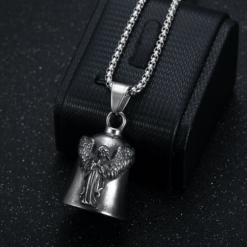 Praying Guardian Angel Bell Necklace Stainless Steel Men Motorcycle Biker - Picture 4 of 10