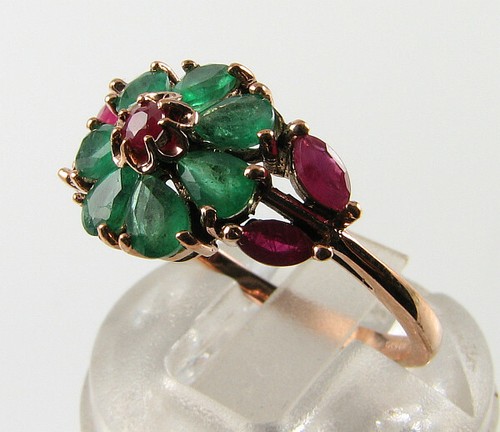 9K 9CT ROSE GOLD INDIAN RUBY & COLOMBIAN EMERALD ART DECO INS CLUSTER RING - Picture 3 of 5