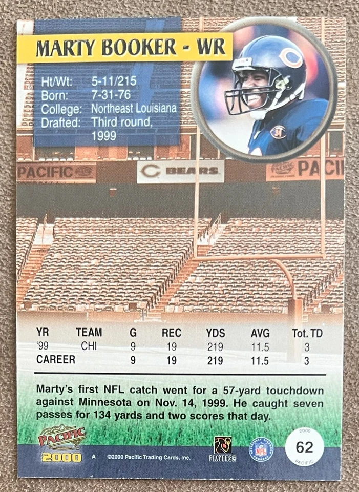 Marty Booker 2000 Pacific Copper #62 /75 Chicago Bears Numbered Parallel Card - Image 2 of 2