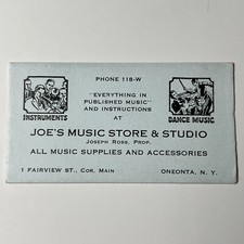 VtG 1940s ONEONTA New York Joe  s Music Store  Studio Supplies Business Card NY