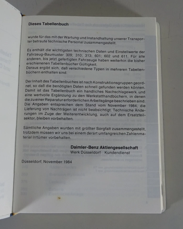Manuales de Tablas Datos Técnicos Mercedes Benz Transporter T1 T2 Y Bus 11/1984 - Imagen 2 de 4