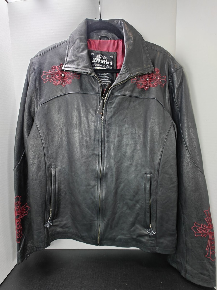 Affliction Mens BLACK Premium Biker Leather Jacket Cross RED Studs