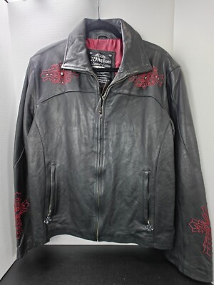 Affliction Mens BLACK Premium Biker Leather Jacket Cross RED Studs