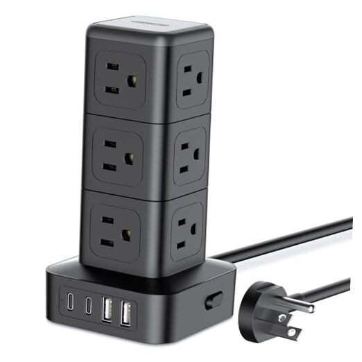 Compact Surge Protector Power Strip Tower, 1080J Surge Protector 5 ft Black