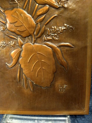 Vintage Kupfer Relief Tafel Blumen Plakette signiert - Bild 3 von 11