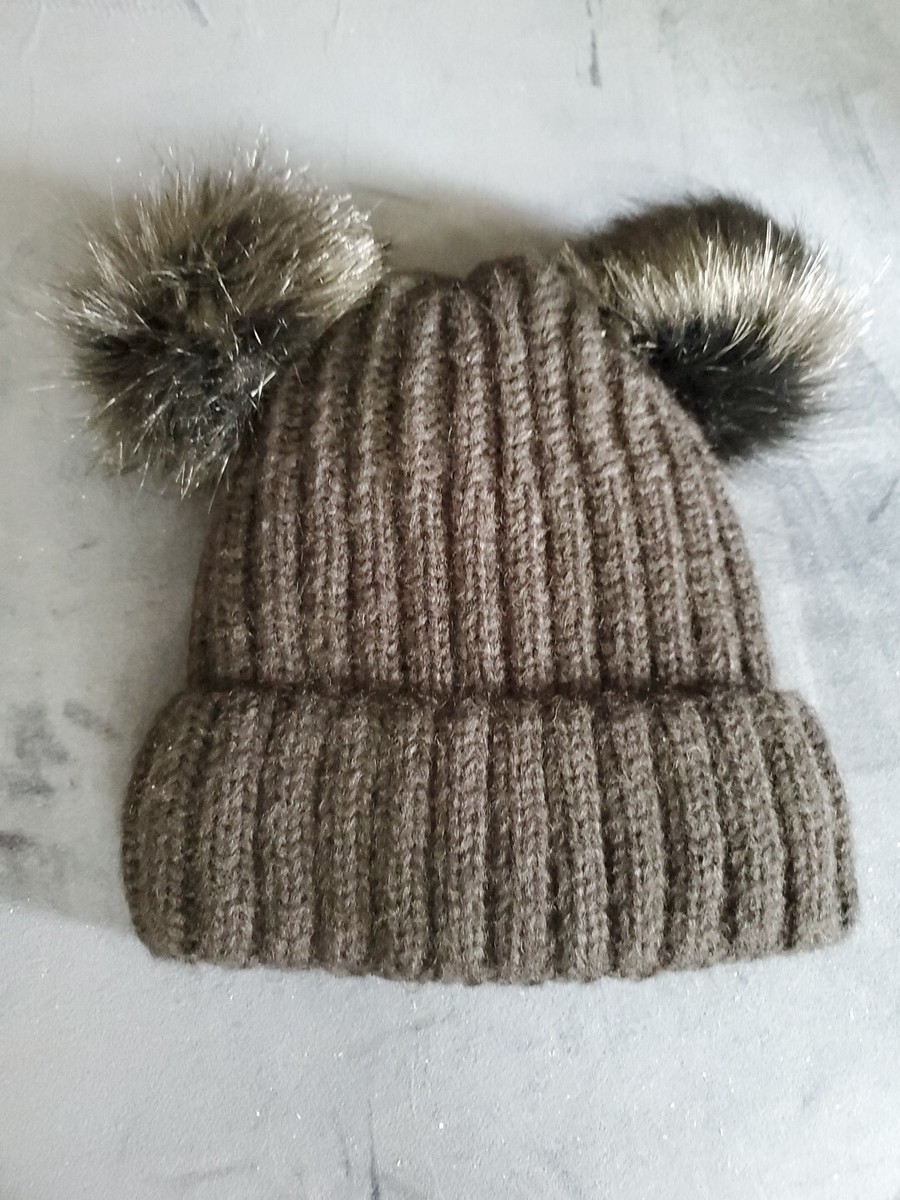 Pom Pom Ears Cable Knit Beanie Black Fur Lined Hat Winter