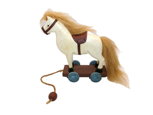 Vtg Wooden Horse on Wheels Pull Toy Fur Mane & Tail Hand Made Farmhouse Country