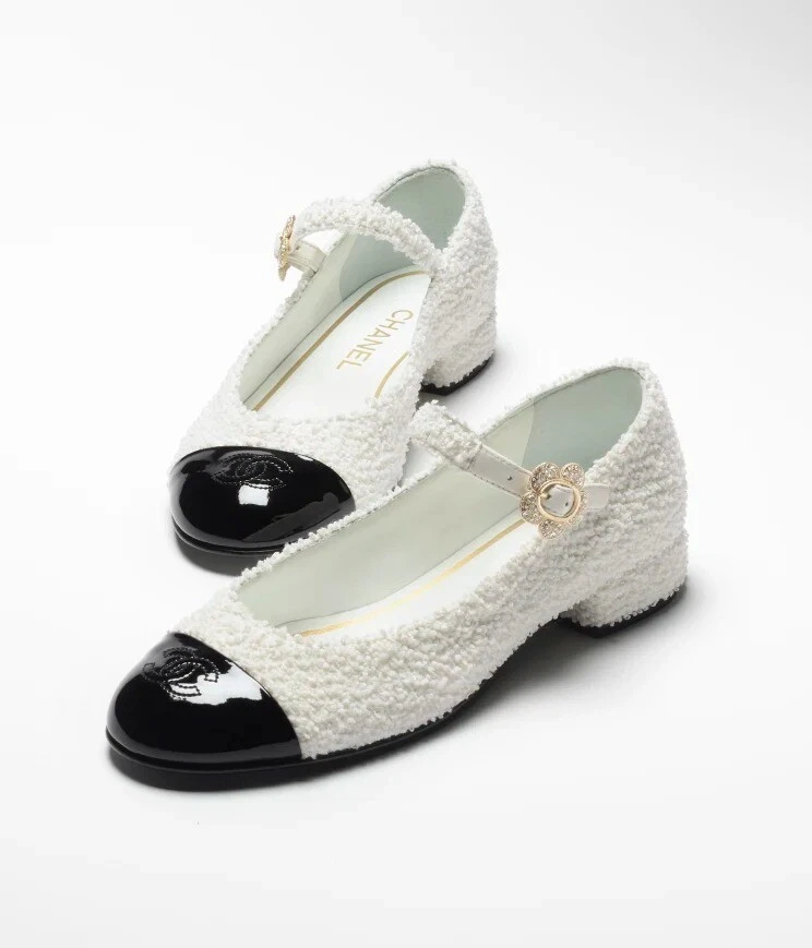 CHANEL Tweed and Patent Calfskin Mary Janes, White/Black - Retail $1350 F/W  22