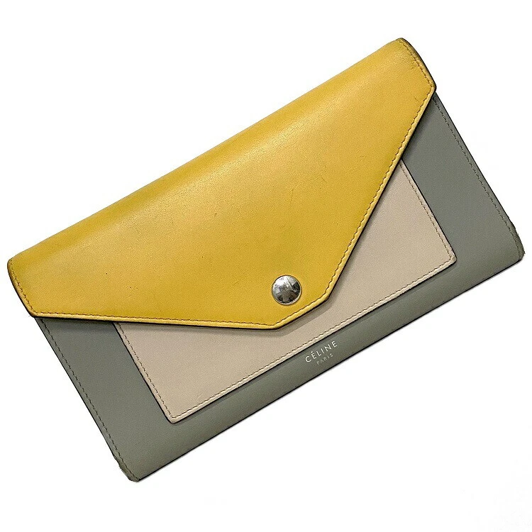 CELINE Tri-Fold Long Wallet Trifold Multifunction Yellow Gray Beige 105853