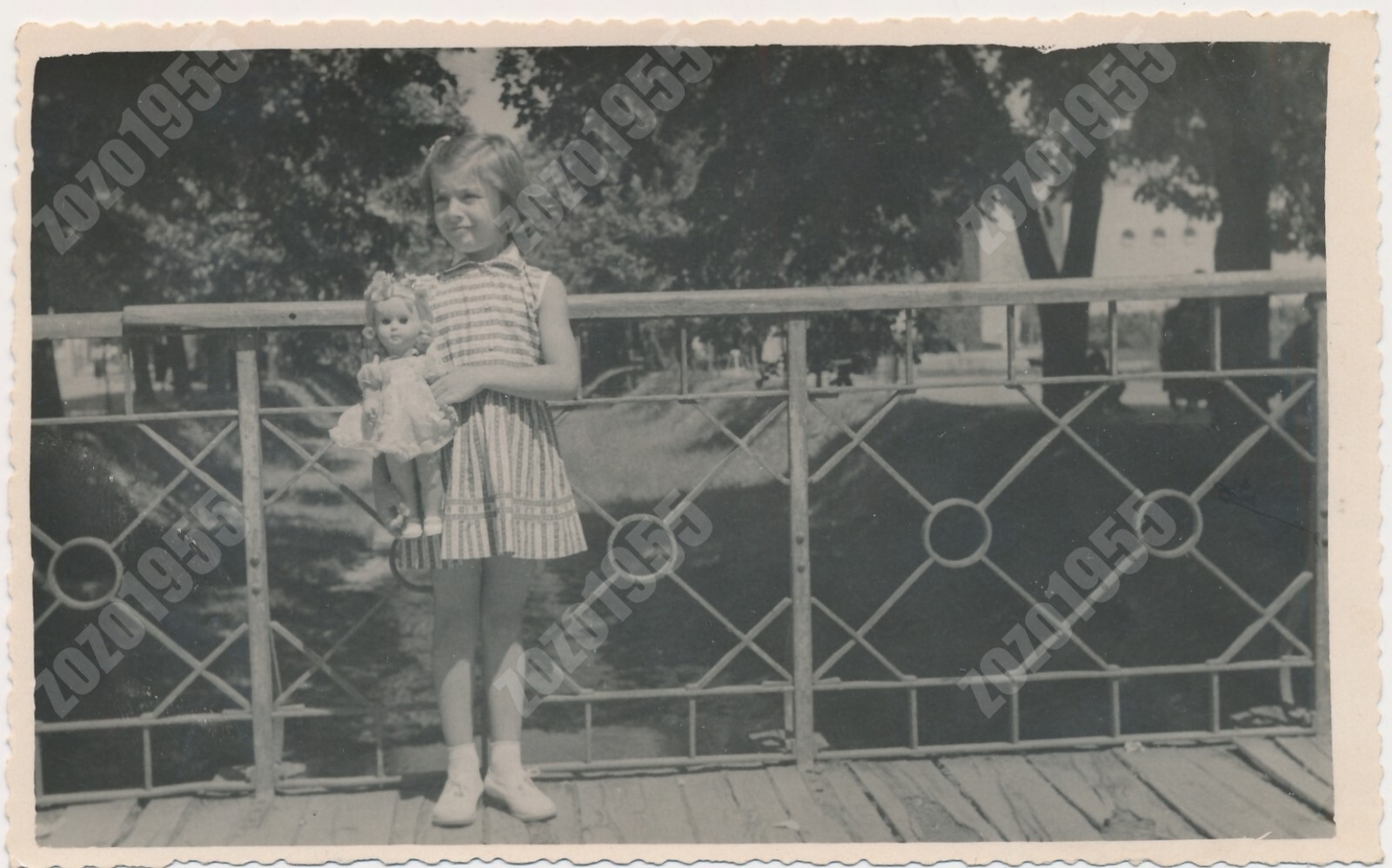 Girl with Toy Doll on Bridge Kid Child Portrait Outside Vintage Photo Original