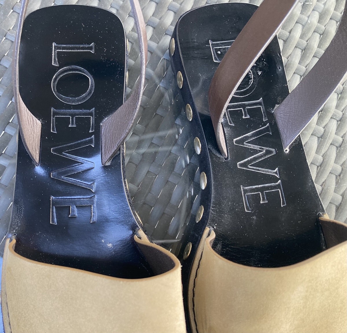 Loewe Suede Slingback Gold Studded Heel Size 39 Beige/Black