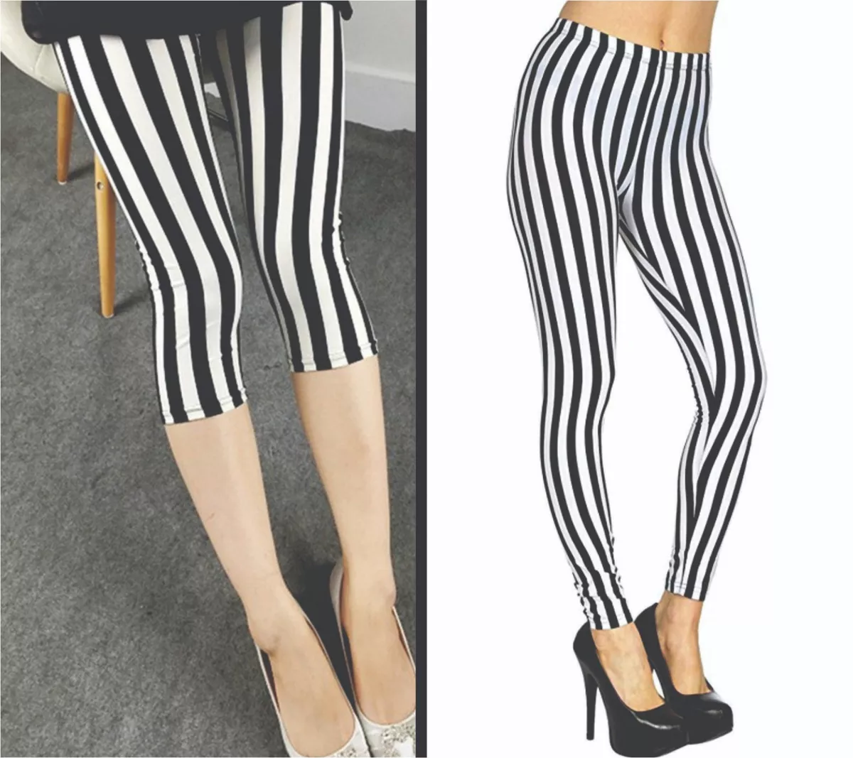 Vertical Striped Black&White 3/4 Length / Full Length LEGGINGS S- XXL