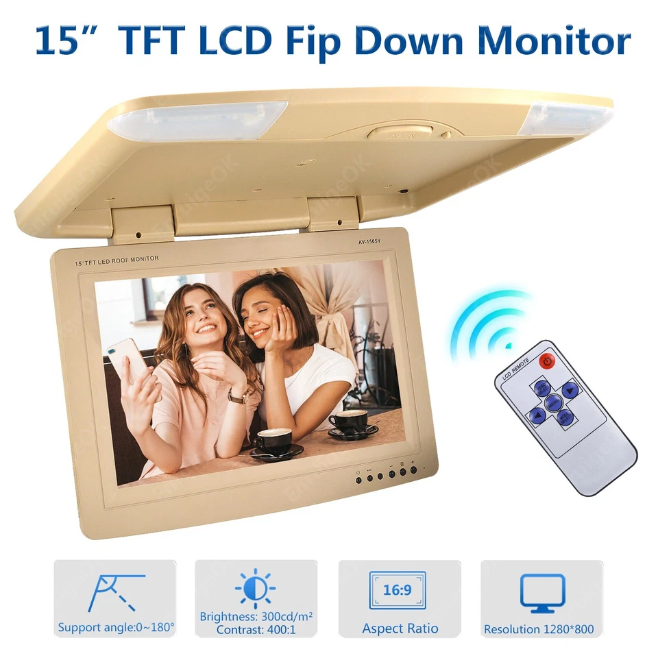 15" Car Screen Monitor LCD TFT Overhead Flip Down Car Ceiling PAL/NTSC 12/24V - Image 2 of 4