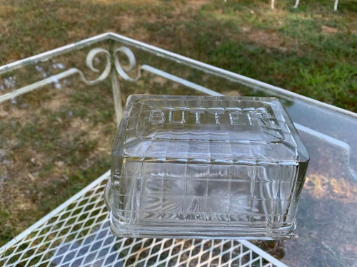 Block Optic Depression Glass Butter Dish & Lid Crystal Hocking 1929-33 Art Deco