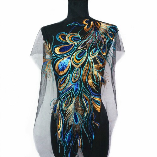 Sequined Peacock Lace Mesh Phoenix Feather Mesh Embroidery Clothing Applique DIY - Picture 2 of 8