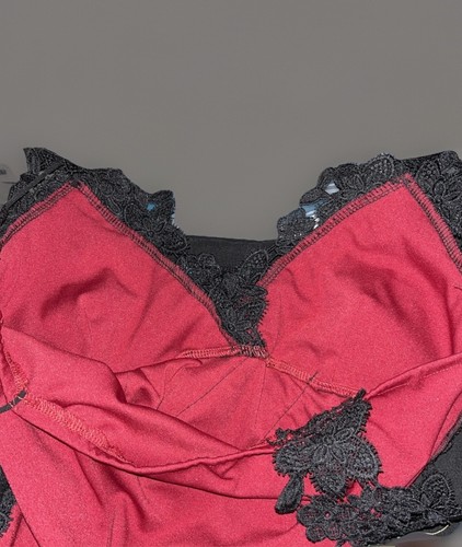 Asymmetric Panel Midi Slip Dress Sz L Blood Red Black Lace High Slit Gothic - Picture 8 of 12