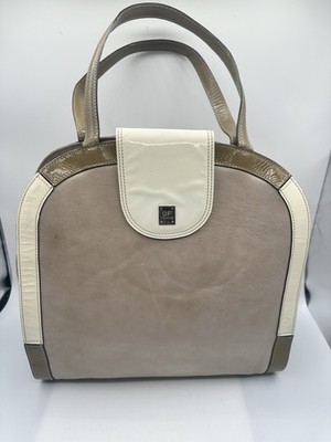 Gianfranco Ferre Beige Leather Ivory Patent Leather Trim Tote Shoulder Handbag