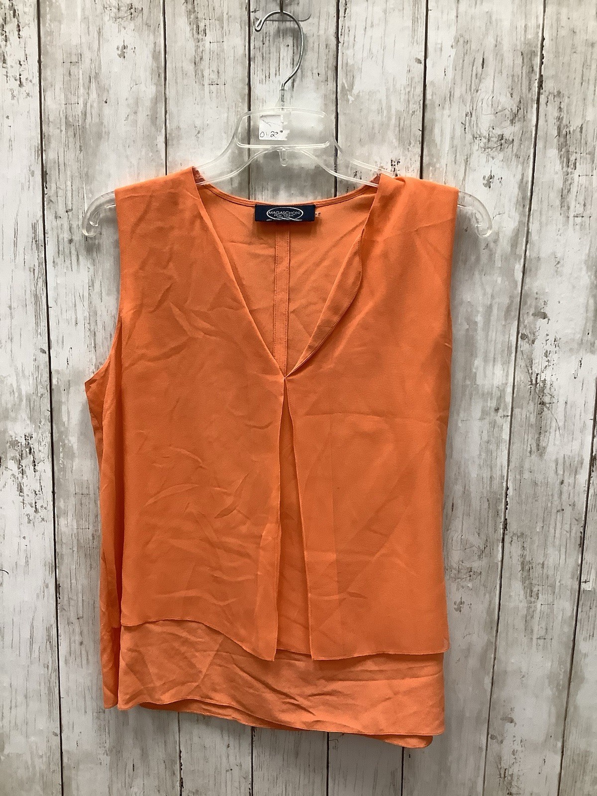 Magaschoni Silk Sleeveless V-Neck Orange Blouse - Split Front Layered Hem Size 8