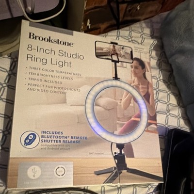 Brookstone 8-Inch LED Studio Ring Light w/ Tripod, Bluetooth Remote, 3 Colors
