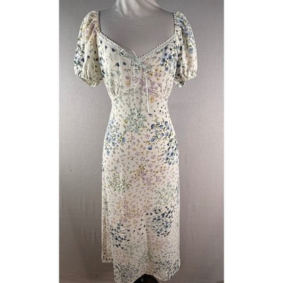 Monteau Floral Maxi Dress Womens L White Blue Puff Sleeve Cottagecore Babydoll