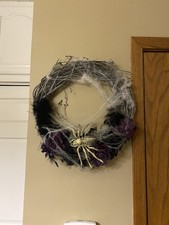 Halloween Wreath With Spider And Black And Purple Flowers