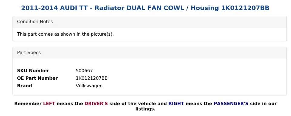 AUDI TT 2011-2014 - Radiador doble ventilador capucha/carcasa 1K0121207BB Foto 4 de 4