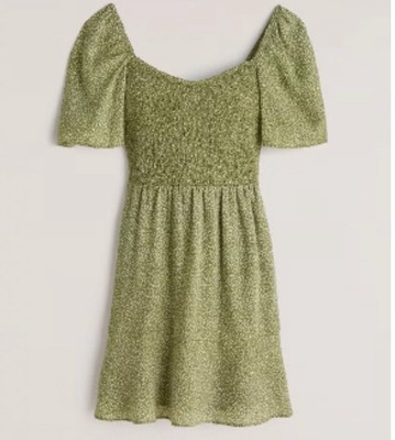 Abercrombie & Fitch Dress Smocked Ditsy Floral Sage Green Mini Puff Sleeve  Sz M | eBay
