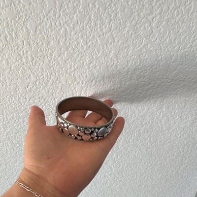 Silver Tone Metal Round Bangle Bracelet with Raised Dot Pattern