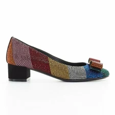 SALVATORE FERRAGAMO Vara rainbow crystal strass bow chunky kitten pump EU34