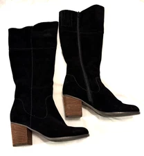 Crown Vintage Unicorn Black Suede Leather Tall Boots Size 8.5 3" Stacked Heel