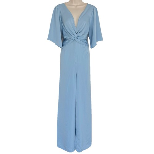NEU Senfkörner Jumpsuit weites Bein Kurzarm V-Ausschnitt einfarbig blau L leicht