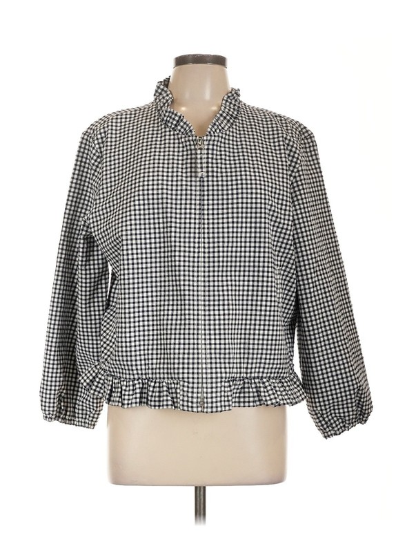 J Crew Jacket XL Black White Gingham Zip Front Ruffle Accent Lined Pockets XL