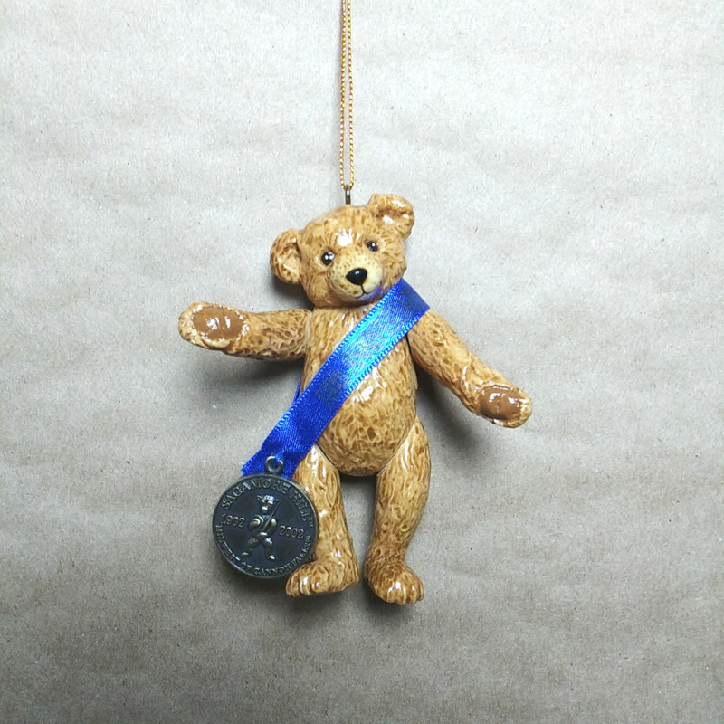 Sagamore Hill 4" Jointed Bear Ornament 100th 1902-2002 Blue Ribbon Tan Ceramic