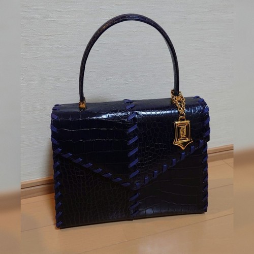 YVES SAINT LAURENT Croc Embossed Leather Dark Navy Flap Handbag Bag Logo Charm