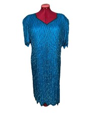 Laurence Kazar Vintage Blue Silk Sequin Dress 1X Short Sleeve Lined