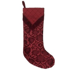 Cranberry Red Floral Christmas Holiday Stocking Embroidered Satin Velvet Trim
