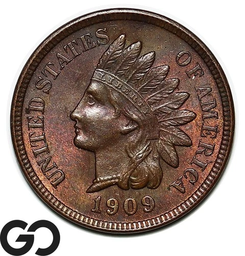 1909 Indian Head Cent Penny, Some Red, Gem BU++
