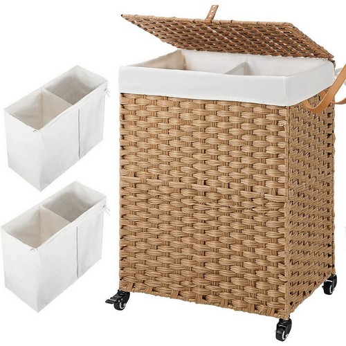 Laundry Room Handwoven Laundry Hampers with Wheels Divided Liner Bags Basket - Picture 14 of 27