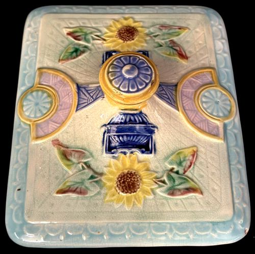 ENGLISH MAJOLICA SUNFLOWER & URN SARDINE BOX BY SAMUEL LEAR.....RARE! CA.1880 - Picture 10 of 11