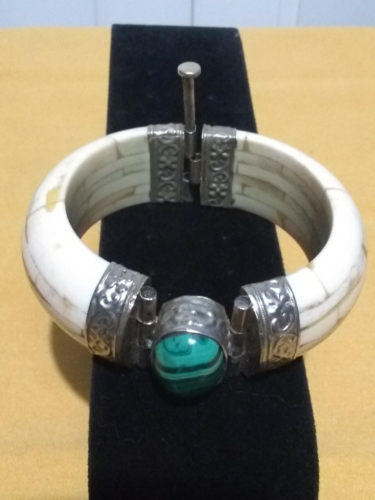 Middle Eastern Silver Malachite Stone Hinge Brace… - image 8