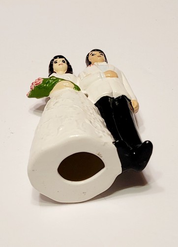 Vintage Ceramic Miniature Bride Groom Pink Roses 4" Tall Cake Topper - Picture 6 of 7
