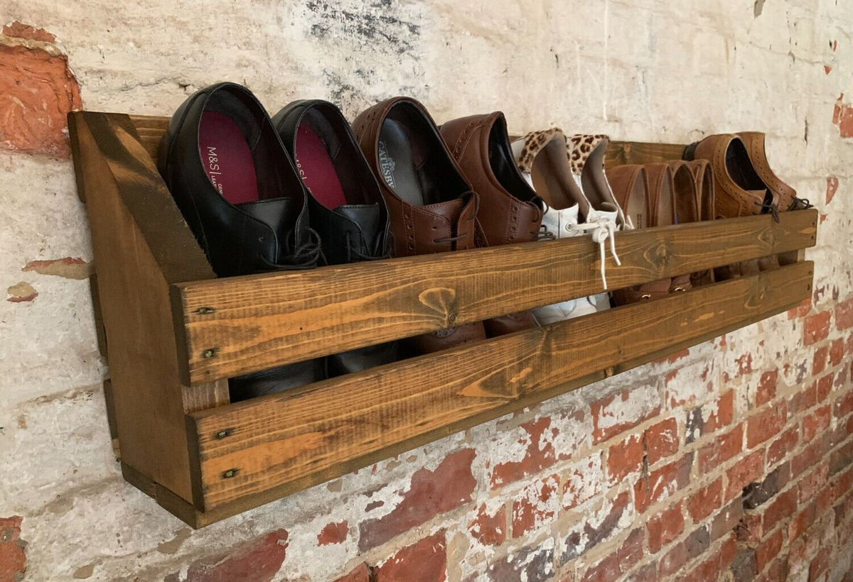 Wall Mounted Wooden Shoe Rack Storage Rustic Shelves Extra Large