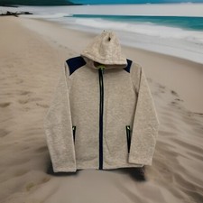 Lands End Tan Blue And Yellow Trim Hooded Full Zip Jacket Boys Size Large 14-16