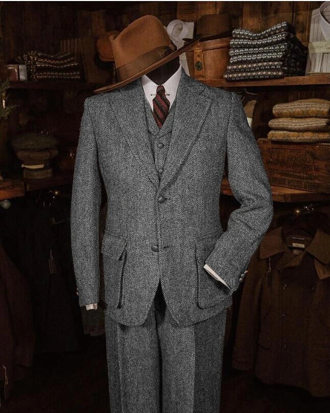Esmoquin de negocios de mezcla de lana de invierno espiga vintage de trajes de tweed 3 piezas para hombre Foto 4 de 4