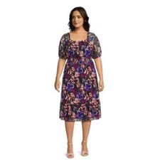 TERRA SKY - PLUS SIZE: 3X 24W-26W - Violet Flower Smocked Waist Midi Dress