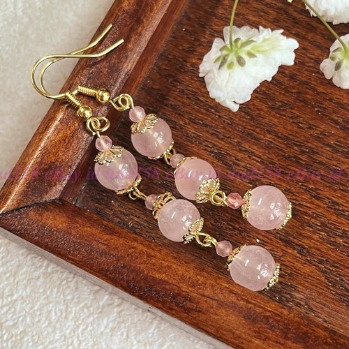 10mm Natural Pink Rose Quartz Round Gemstone Beads Dangle Gold Hook Earrings - Picture 2 of 8